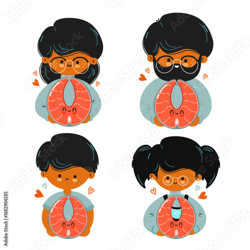 Charming cartoon family happily holding adorable salmon slices with hearts.