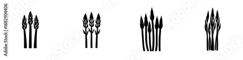 Minimalist black-and-white vector illustration of asparagus silhouettes in various arrangements