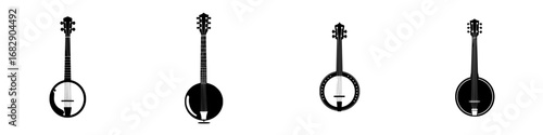 Vector illustration of minimalist black-and-white banjo silhouettes showcasing different shapes and designs for musical themes