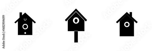 Creative collection of minimalist black-and-white vector illustrations of birdhouses in various styles and orientations