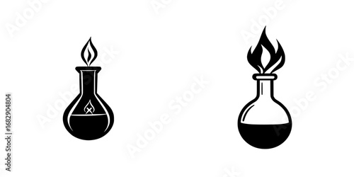 Minimalist vector illustration of laboratory flasks with flames, perfect for science or chemistry-themed designs in black-and-white style