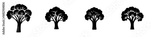 Black and white minimalist vector illustration of various tree silhouettes in simplistic design