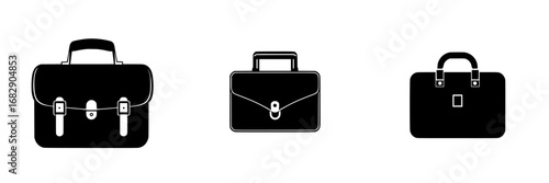 Collection of minimalist black-and-white vector illustrations of briefcases showcasing varying designs and styles for different purposes