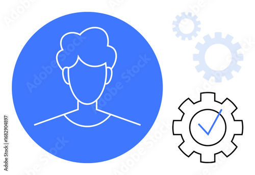 Minimalist avatar in a blue circle, gears indicating process structure, checkmark symbolizing completion. Ideal for productivity, teamwork, profile management, organization, workflow, efficiency