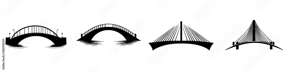 Obraz premium Collection of minimalist black-and-white bridge silhouettes showcasing various designs in vector illustration style