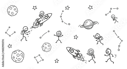doodle stick figures exploring space with rockets
