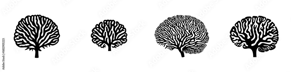 Obraz premium Stylized black-and-white vector illustration of trees in minimalist silhouette design showing variations of foliage and form