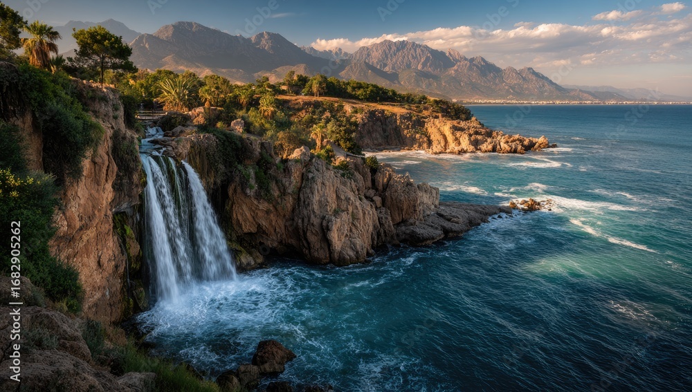 Fototapeta premium Coastal waterfall cascading into turquoise sea, dramatic mountains in background