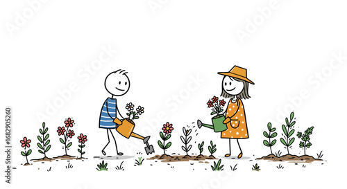 doodle stick figures gardening with plants
