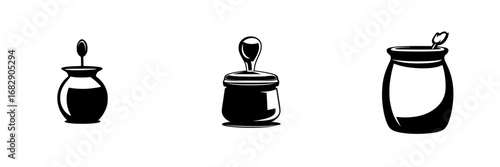 Minimalist black-and-white vector illustration featuring various jars and containers with simple silhouettes