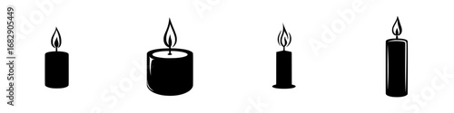 Minimalist black-and-white vector illustration featuring various candle silhouettes in different styles and sizes