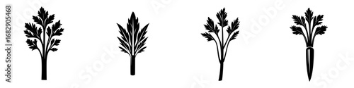 Collection of black-and-white vector silhouettes representing various types of leafy vegetables in minimalist design