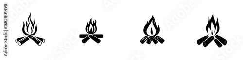 Minimalist black-and-white vector illustration of campfire silhouettes in various styles showing flames and logs