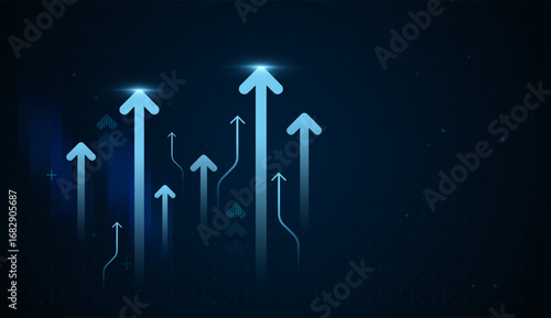 A Growing fFinance and Business Arrows on dark gradient background, Groups Arrows with many Dots mixed with dark blue upward arrows blue vector, illustration