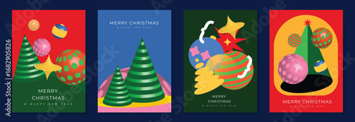 Christmas and Happy Holidays poster vector set. Modern new year card template with christmas tree, bauble on red, green and blue background. Design for cover, website, promotion, ads.