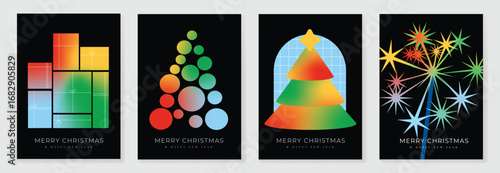 Christmas and Happy Holidays poster vector set. Modern new year card template with christmas tree, gift, firework on dark background. Design for cover, website, promotion, ads.