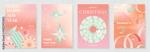 Christmas and Happy Holidays poster vector set. Modern new year card template with gift, ribbon, bell on red pink orange gradient background. Design for cover, website, promotion, ads.
