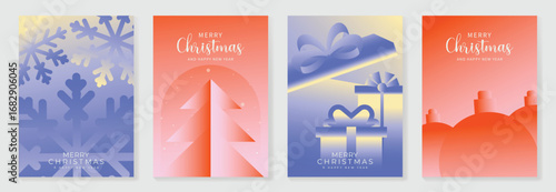 Christmas and Happy Holidays poster vector set. Modern new year card template with christmas tree, snowflake, gift, bauble on blue red gradient background. Design for cover, website, promotion, ads.