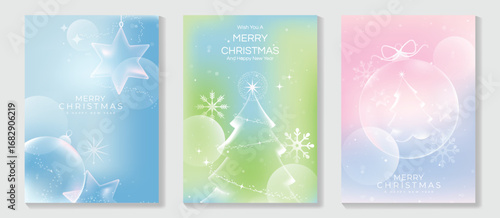 Christmas and Happy Holidays poster vector set. Modern new year card template with christmas tree, bauble, star on green blue pink gradient background. Design for cover, website, promotion, ads.