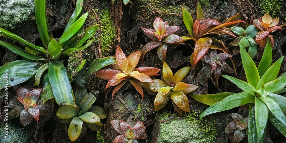 Obraz premium A vibrant display of various bromeliads and succulents, set against a textured, mossy backdrop, showcasing a rich spectrum of tropical greens, oranges, and reds.