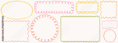 Decoration frame set. Cute wavy lace and curly wedding frames. Vector hand drawn oval, round and rectangle vintage border set. Elegant classic line decorations with zigzag and whimsy edges.