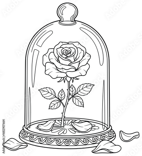 Rose vector illustration of a single blooming flower enclosed under a decorative glass dome with scattered petals arranged in an elegant botanical composition in a clean outlined drawing