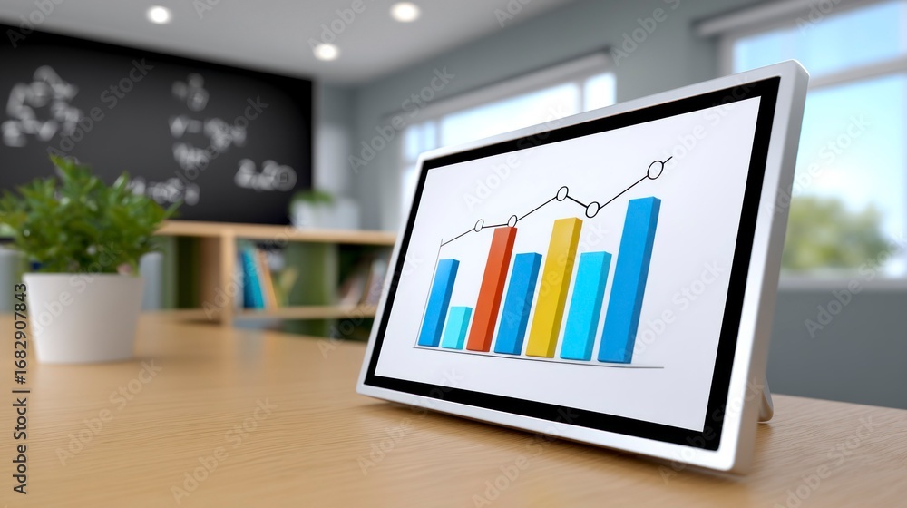 Interactive modern whiteboard displaying colorful bar graph statistics Interactive modern whiteboard displaying colorful bar graph statistics