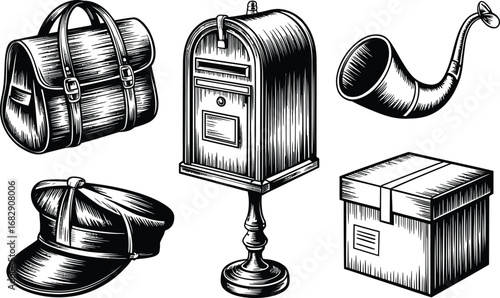Artistic Illustration of Delivery and Postal Service Elements, Featuring a Bag, Mailbox, Horn, Cap, and Box Concept.