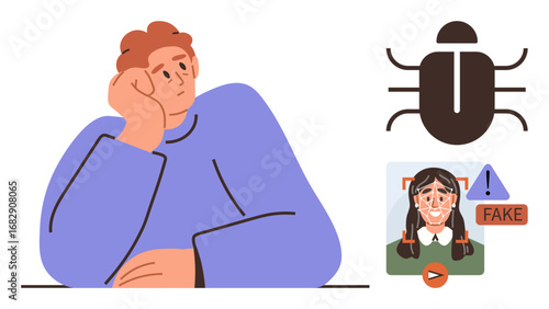 Pensive individual in purple sweater contemplating, virus bug symbol representing digital threats, alert on manipulated media. Ideal for cybersecurity, misinformation, technology risks, awareness
