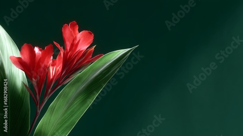 A stunning close-up of vibrant red flowers against a dark background. The lush green leaves complement the bold petals. This image is perfect for nature lovers and floral art. AI