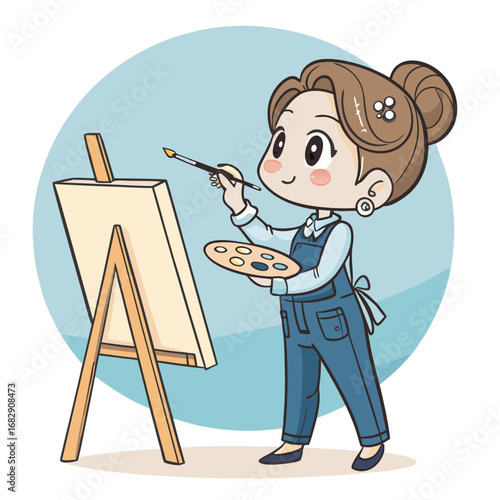 A cute cartoon girl artist painting on a canvas with a brush and palette.