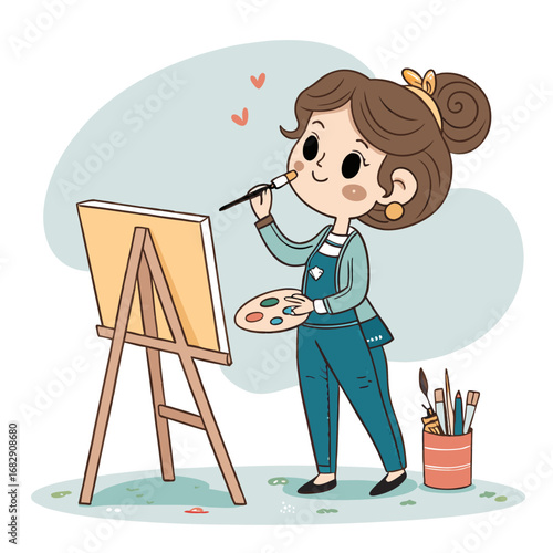 A cute cartoon woman artist painting on a canvas with an easel.