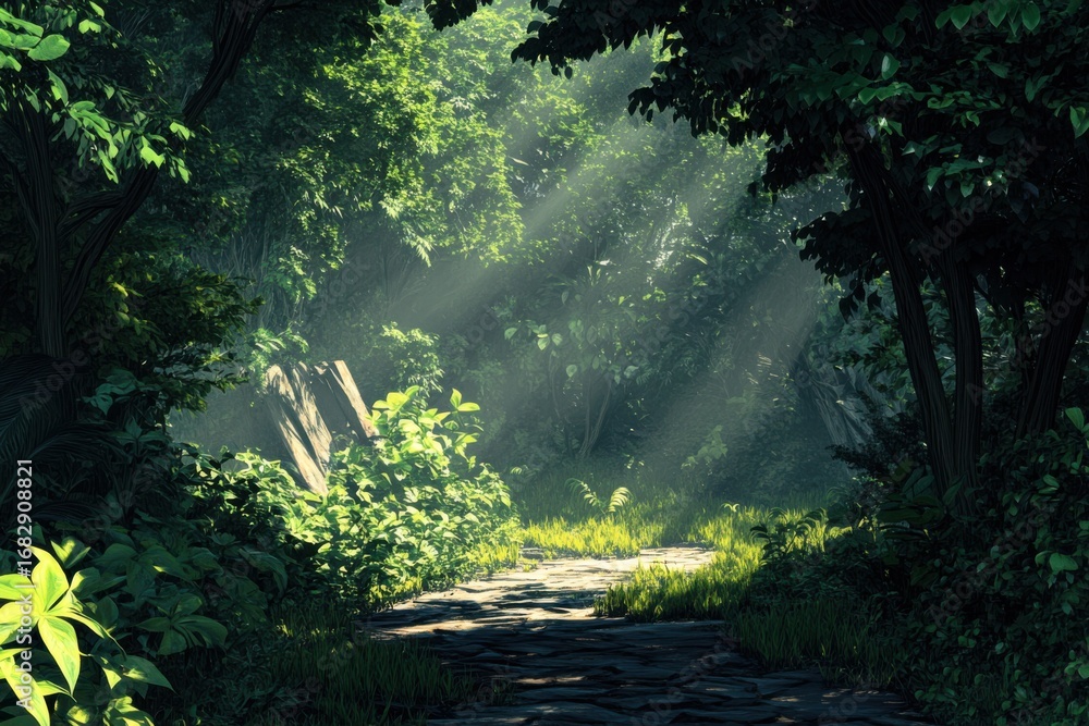 Fototapeta premium A sun-dappled forest path winds through lush greenery, bathed in a soft, ethereal light.