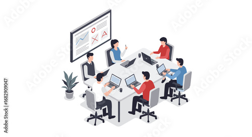Isometric team meeting in modern office with laptops and presentation board
