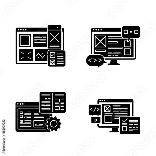 Web layout and wire frame filled silhouette set with grids screens and  elements
