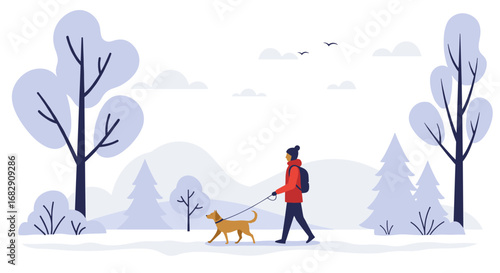 Winter walk with dog in minimalistic cartoon landscape
