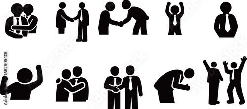 Various business interactions and emotions depicted through simple silhouettes.