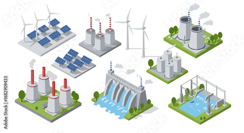 Sustainable energy and power plants collection in isometric style