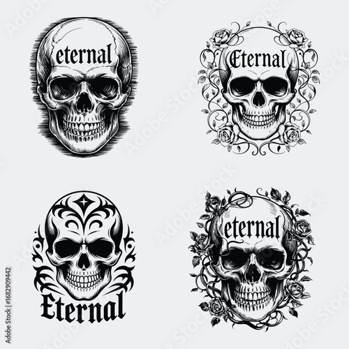 Skulls with roses and ornamental designs gothic tattoo