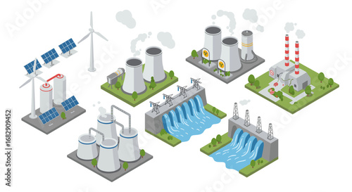 Sustainable energy infrastructure isometric design featuring solar, wind, and hydropower plants