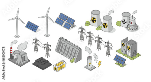 Isometric renewable and nuclear energy sources with solar panels and wind turbines