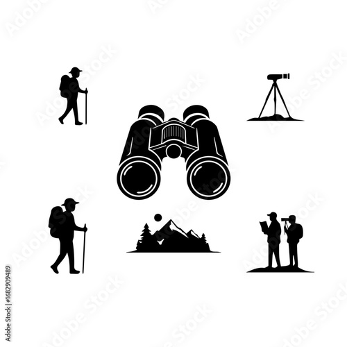Binoculars filled silhouette set with explorers bird watchers and outdoor views