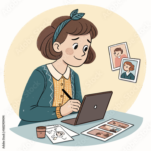 A young female artist with a headband drawing on a digital tablet.
