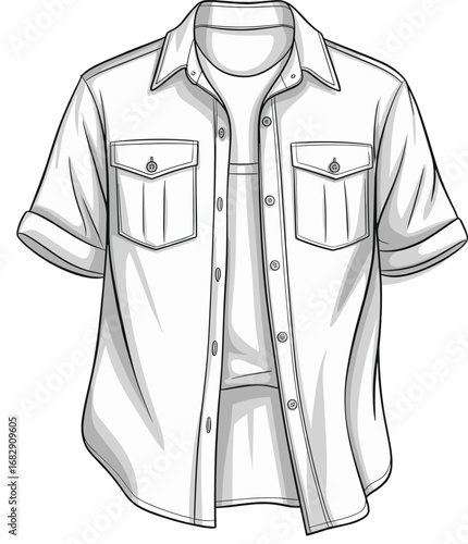 Men's casual shirt with t-shirt vector, fashion flat drawing, cad garment design, button-down shirt illustration, layered clothing template, detailed apparel sketch