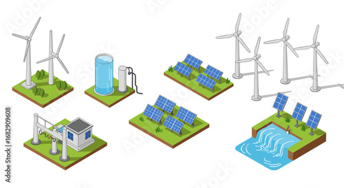 Sustainable energy sources in isometric design: solar, wind, and hydroelectric power