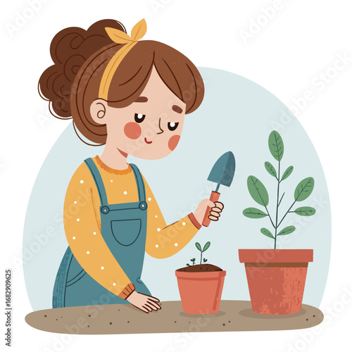 A young girl in overalls is gardening with a small shovel.