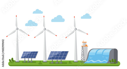 Renewable energy sources with wind turbines, solar panels, and hydroelectric dam in flat design
