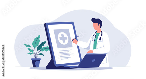 Modern healthcare technology concept with doctor using digital tablet and laptop