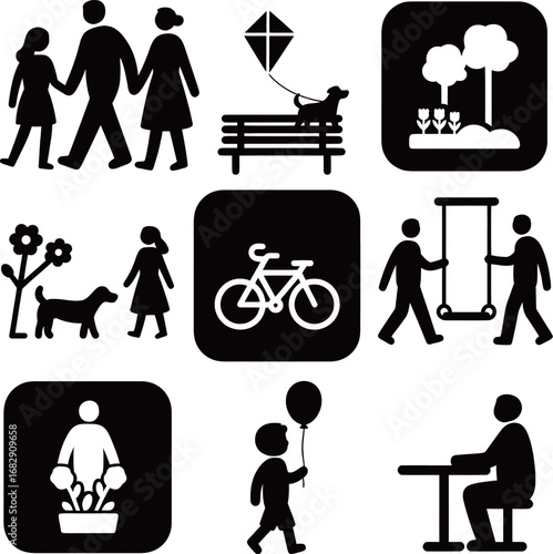 Variety of leisure activities in a park setting depicted in simple silhouettes.