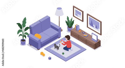 Isometric living room scene with child playing with cat and toys